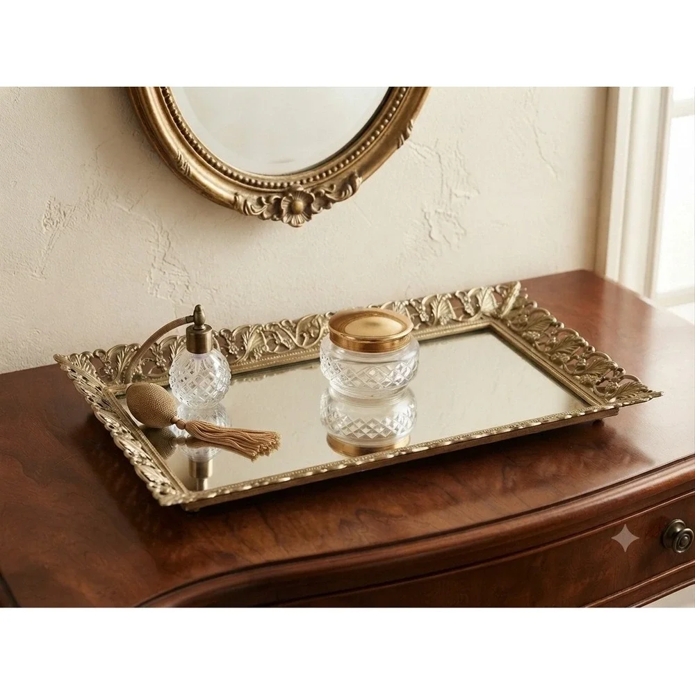 Vintage Mirror Vanity Tray Gold Filigree Metal Ornate Rectangular 16